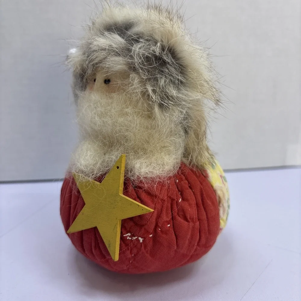 Vintage Quilted Santa Claus‎ Bean Bag Bottom Fur Hat Handmade 6